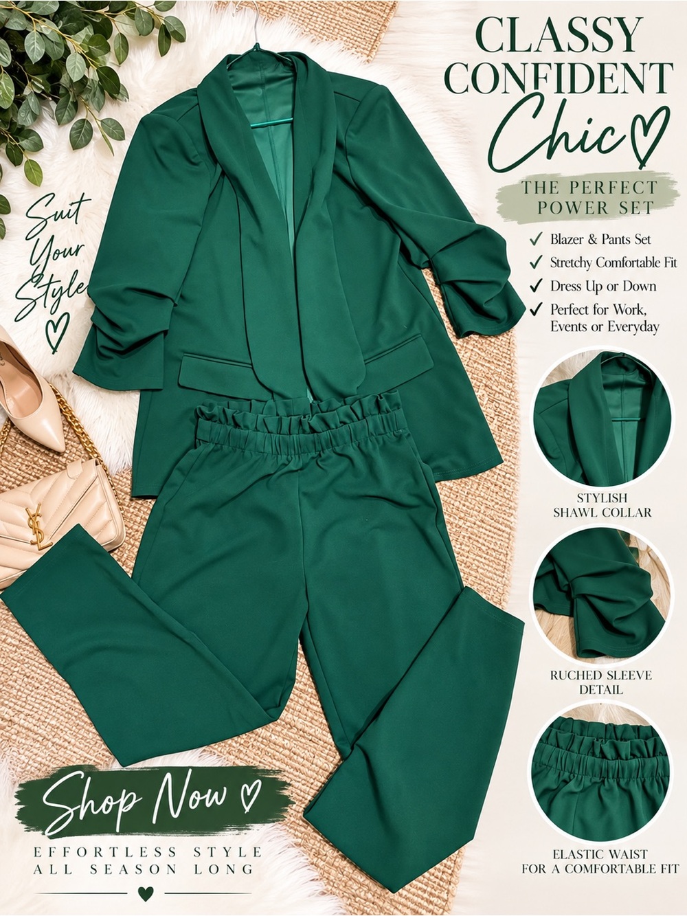 SHEIN Emerald Green Shawl Collar Blazer & Pants Set